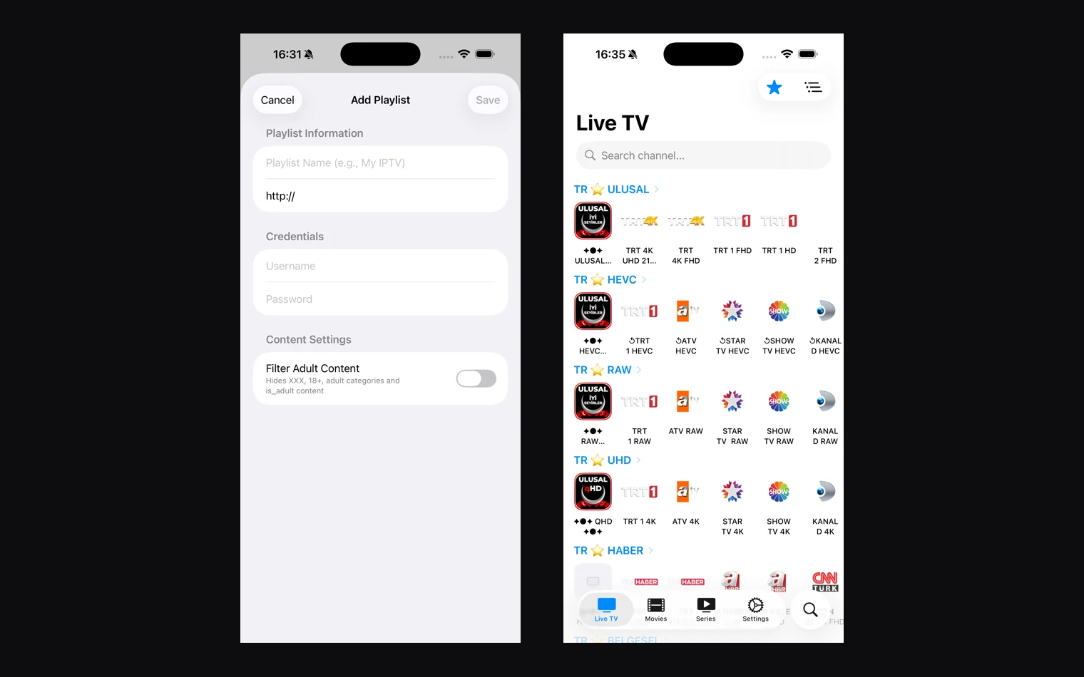 Another IPTV Player on an iPhone: adding an Xtream Codes account, and the live TV home screen