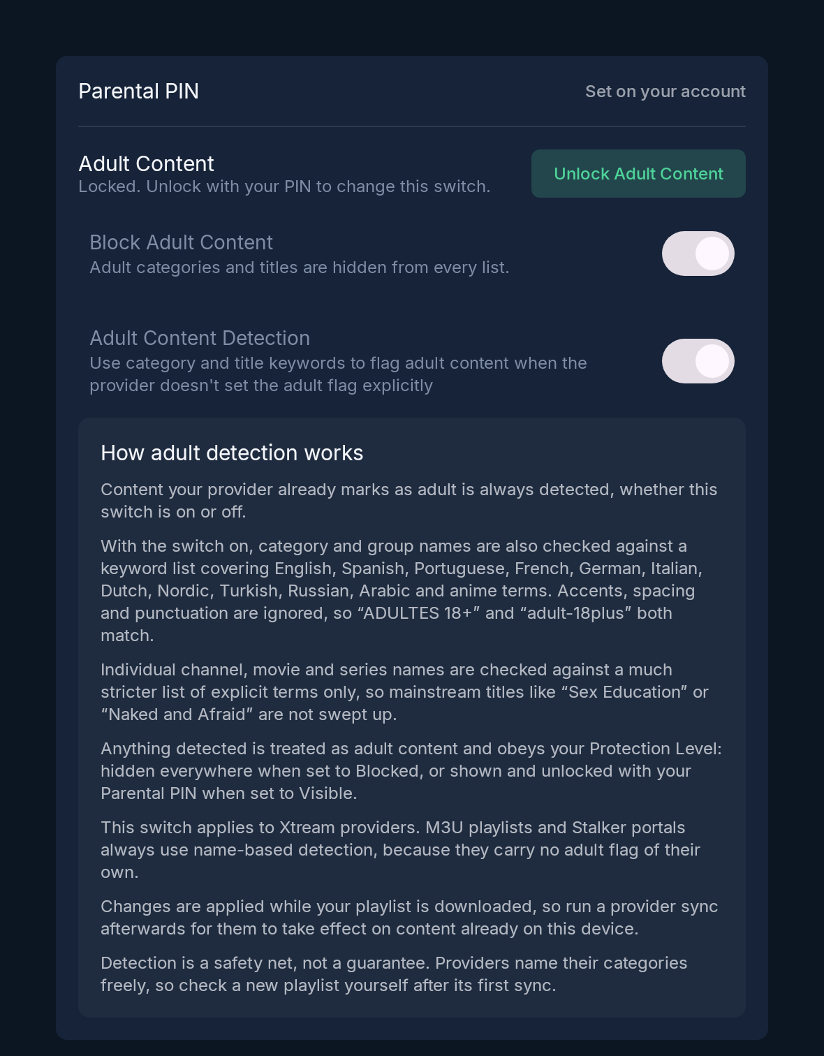 The Parental Control card in Box Seats settings, showing the Parental PIN set on your account, Adult Content locked, and the Adult Content Detection switch