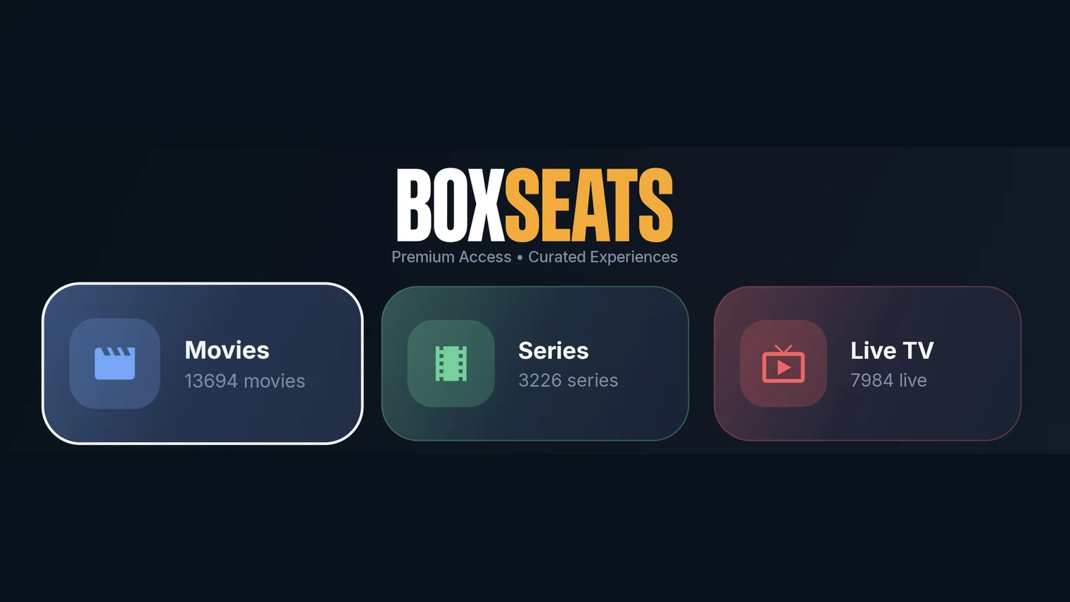 The Box Seats home screen, showing Movies, Series and Live TV