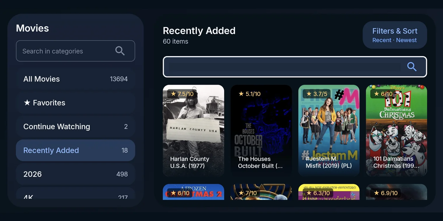 Browsing the movie library in the Box Seats app